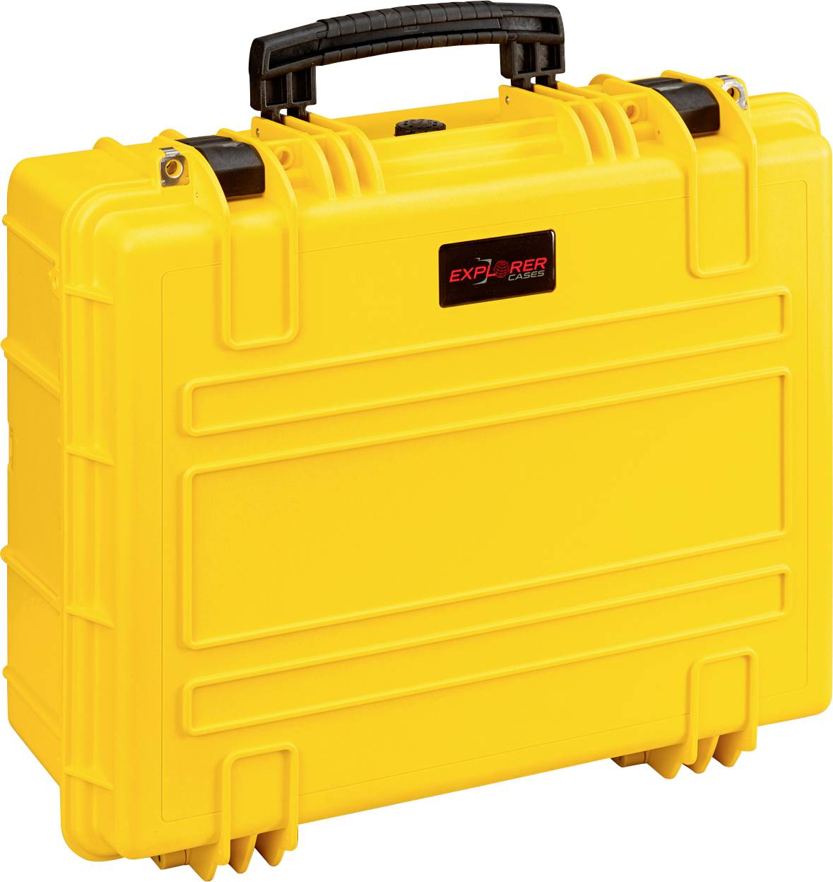 Ein gelber, robuster Koffer mit schwarzem Griff und dem Aufdruck 'Explorer Cases' auf der Vorderseite.