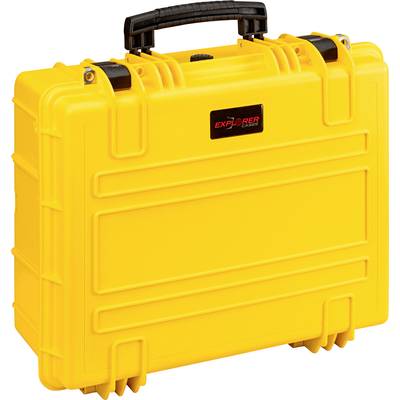Ein gelber, robuster Werkzeugkoffer mit Griff und schwarzen Verschlüssen, geeignet zum sicheren Transport von empfindlicher Ausrüstung.