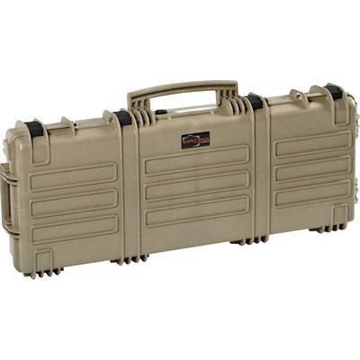Beige Hartschalenkoffer mit Griff und robusten Verschlüssen, geeignet zum sicheren Transport von Werkzeug oder Ausrüstung.