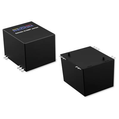 Zwei schwarze elektronische Bauteile mit Kontaktstiften. Oberseite eines Bauteils zeigt das Logo 'RECOM'.