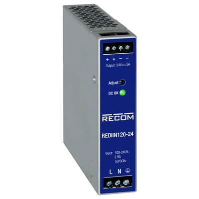 Industrienetzteil RECOM REDIN120-24, Eingabe: 100-240V, 2,5A, Ausgabe: 24V, 5A. Kontrollleuchte zeigt Betriebsstatus.