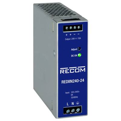 Netzteilmodul mit der Aufschrift 'RECOM REDIN240-24', zeigt Eingangs- und Ausgangsdaten. Ein grünes LED-Licht zeigt 'DC OK'.