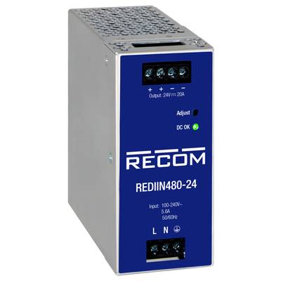 Stromversorgungseinheit mit blauem Aufdruck 'RECOM REDIN480-24'. Vorderseite zeigt Ausgang, Einstelloptionen und LED-Anzeigen.