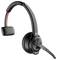 Schwarzes kabelloses Headset mit einohriger Hörmuschel und Mikrofonarm, geeignet für Telefonkonferenzen und mobiles Arbeiten.