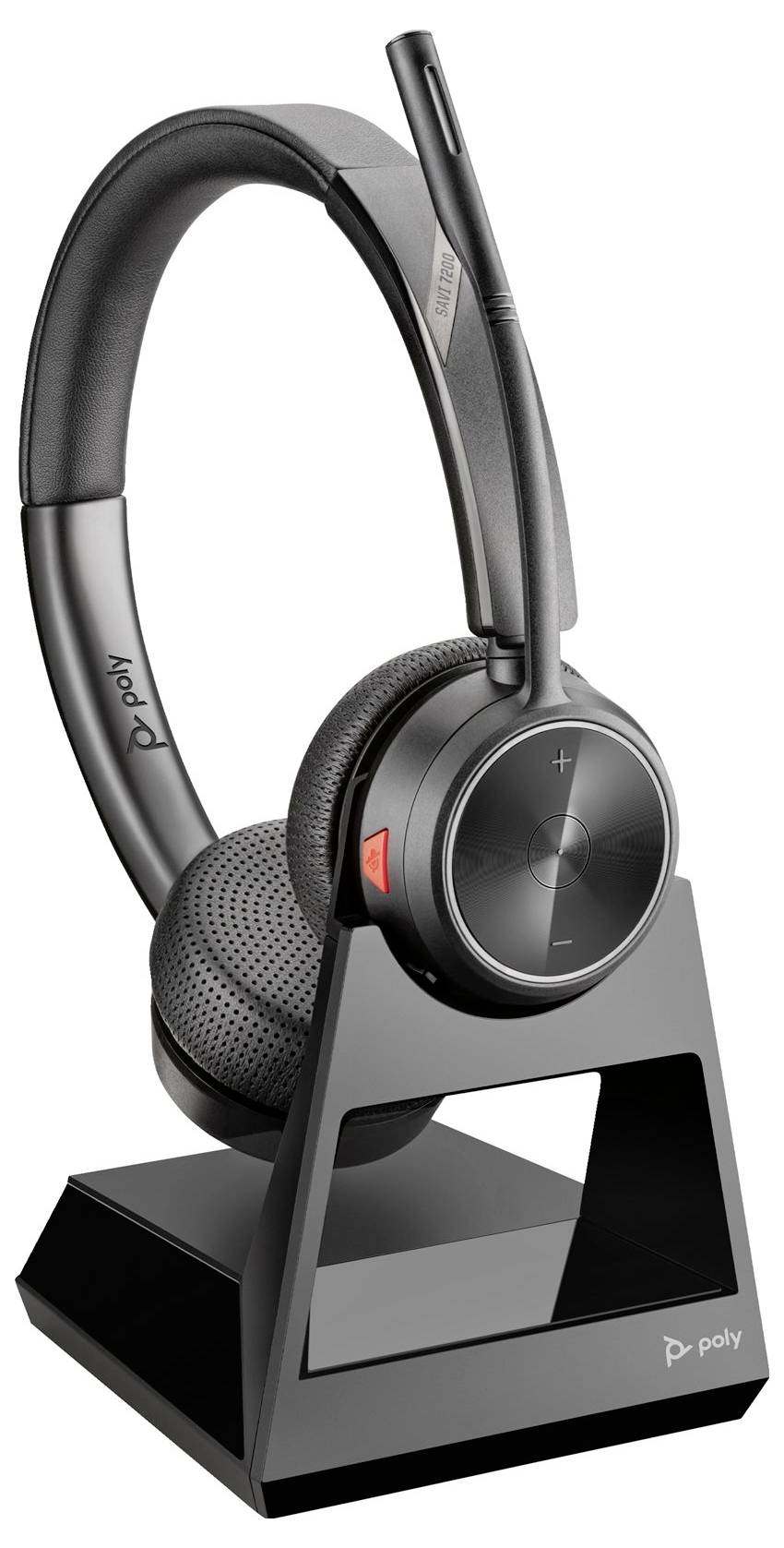 Kabelloses Headset auf Ladestation, unterstützt Audioanrufe. Schwarzes Design mit gepolstertem Ohrstück und Mikrofonarm.