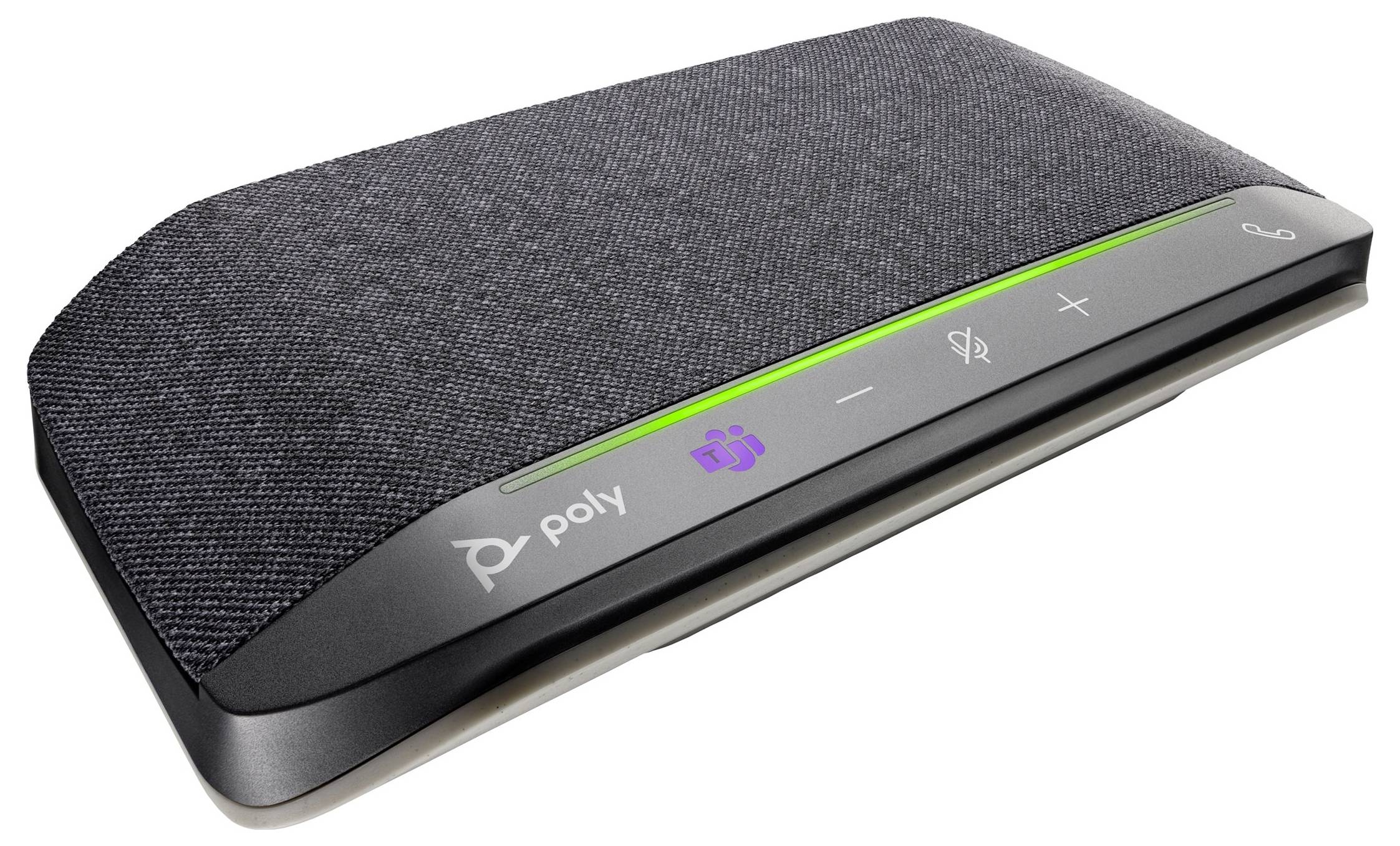 Ein schwarzer, rechteckiger Lautsprecher von Poly mit grauem Stoffbezug. Oben leuchten grüne und violette LEDs, Symbol für Microsoft Teams.