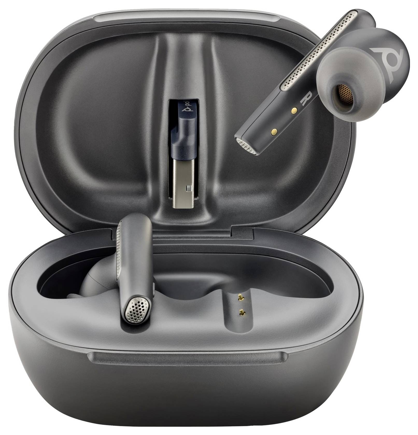 Kabellose Ohrhörer in schwarzem Ladecase, ein Ohrhörer schwebt über dem geöffneten Case, das Innere des Cases zeigt einen USB-Stecker.