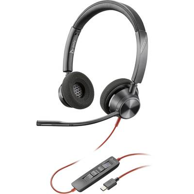 Kabelgebundenes schwarzes Headset mit Mikrofon, abnehmbaren Ohrpolstern und USB-Anschluss. Steuerungselement am Kabel zur Anrufverwaltung.