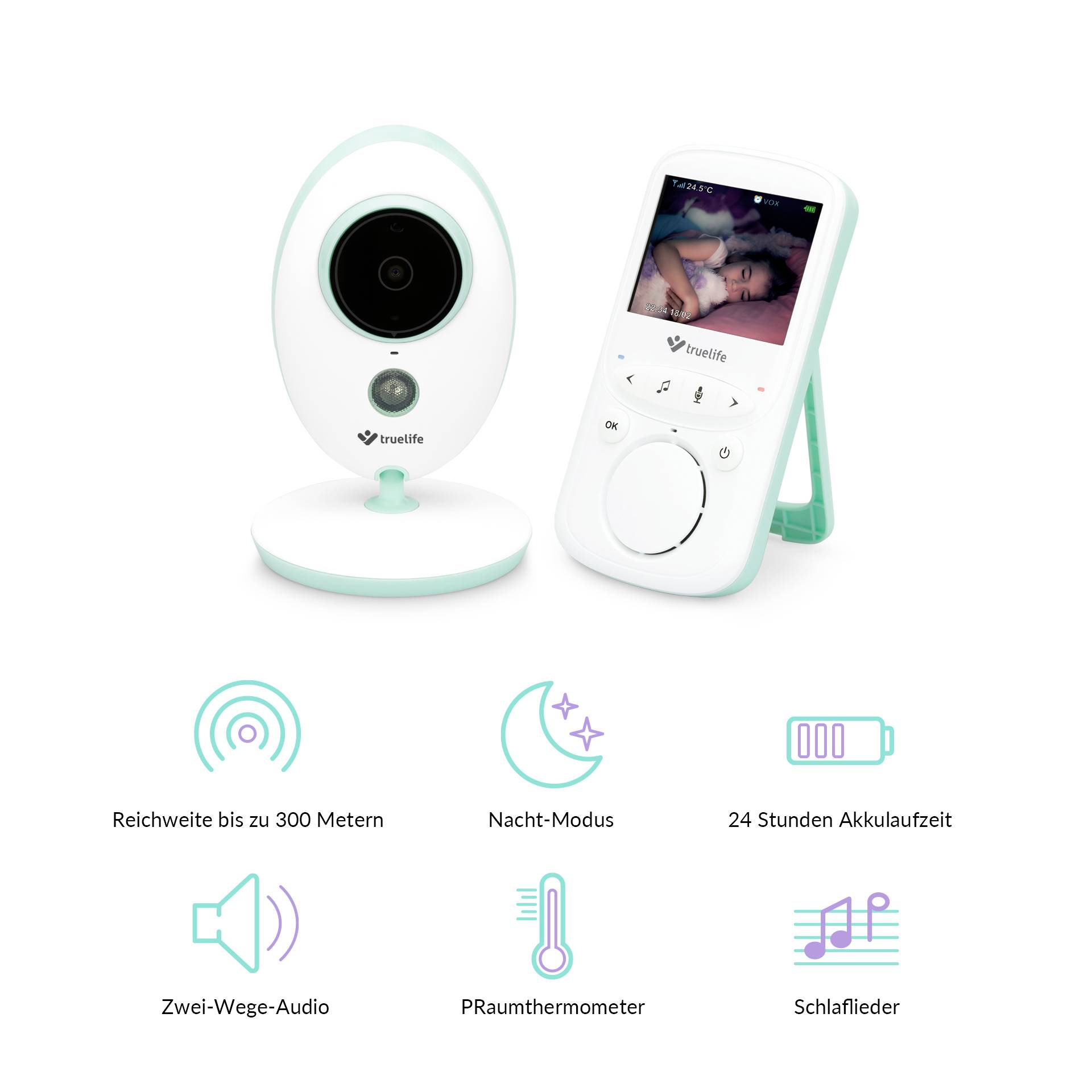 Babymonitor-Set mit Kamera und Bildschirm, zeigt schlafendes Baby. Funktionen: Nachtmodus, Zwei-Wege-Audio, Raumthermometer, Reichweite bis 300 m, 24 Stunden Akkulaufzeit.