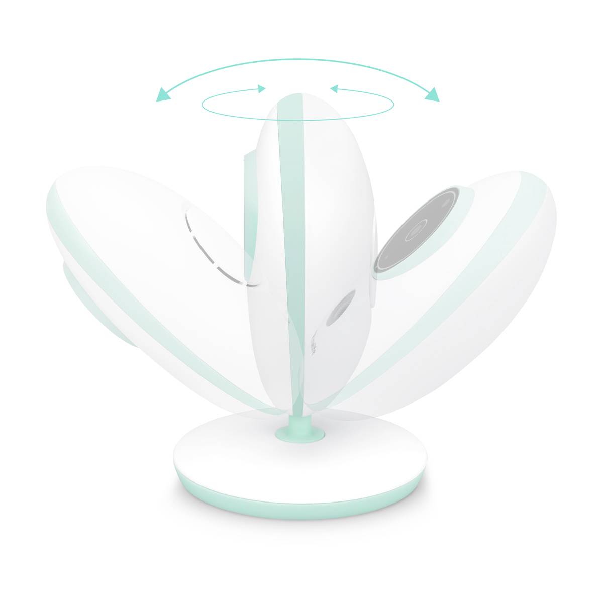 Weiße, ovale Kamera auf Sockel, zeigt schwenkbare Aufnahmefunktion mit Doppelpfeilen über der Kamera für 360-Grad-Drehung.