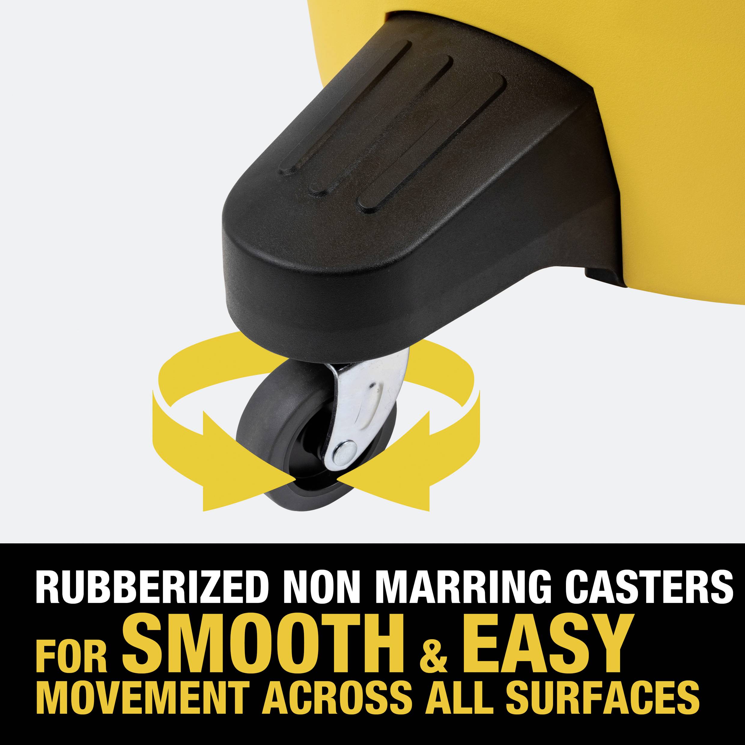 Gelbe Rolle mit Gummirad und Pfeilen für 360°-Drehung. Text: 'Rubberized Non Marring Casters for Smooth & Easy Movement Across All Surfaces'.