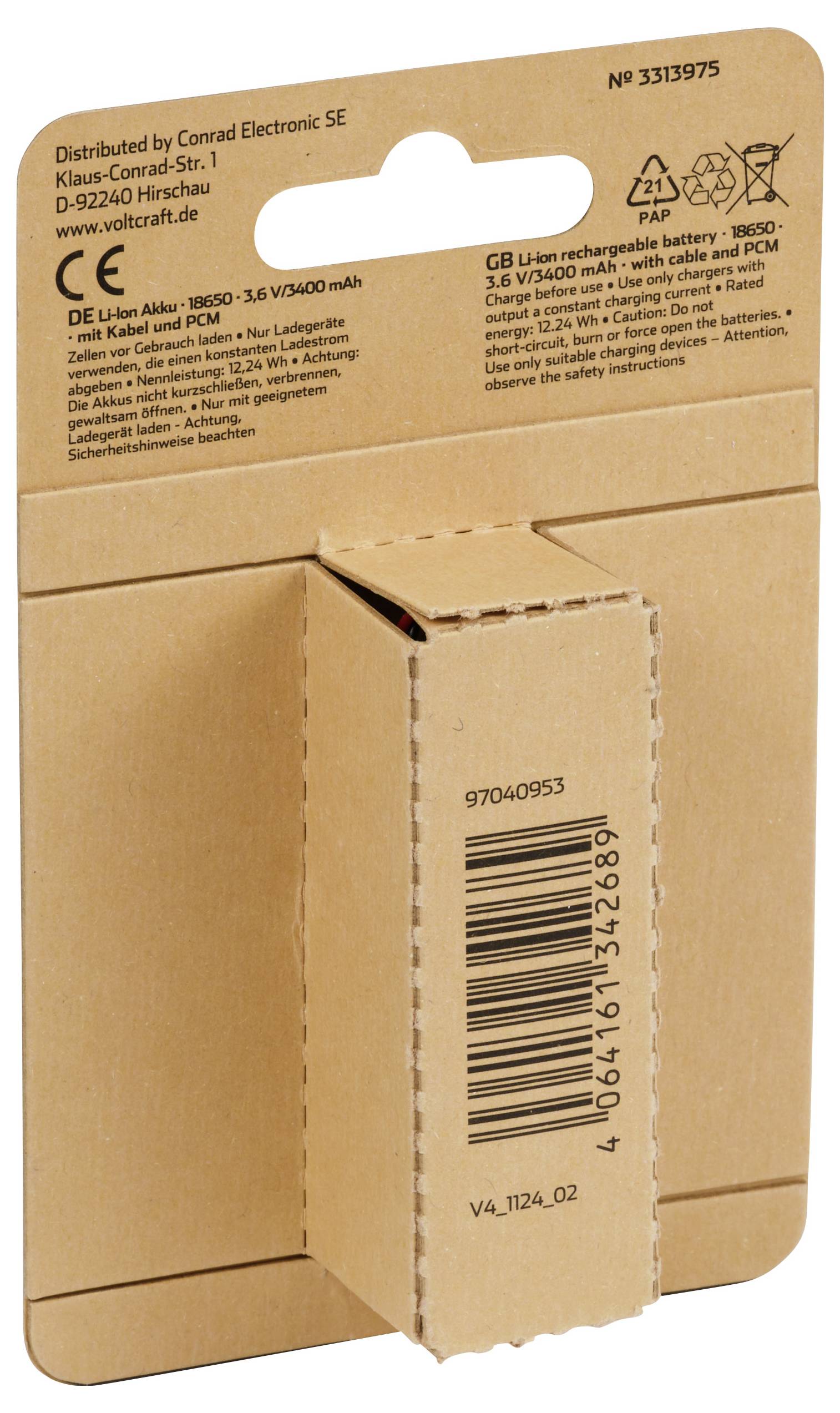 Rückseite einer Batterieverpackung aus Pappe mit Barcode und Herstellerinformationen. Enthält Aufschrift und Umweltzeichen.