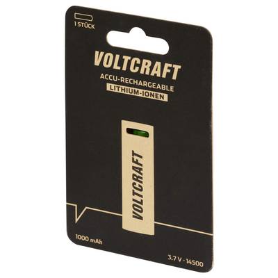 Lithium-Ionen-Akku von Voltcraft, 3,7 V, 14500, 1000 mAh, auf schwarzer Verpackung mit grünem Sichtfenster.