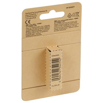 'Lithium-Ionen-Akku 3,7 V 1000 mAh' Verpackung, braun, mit Seriennummer 97040953. Herstellerinformationen und Warnhinweis abgebildet.
