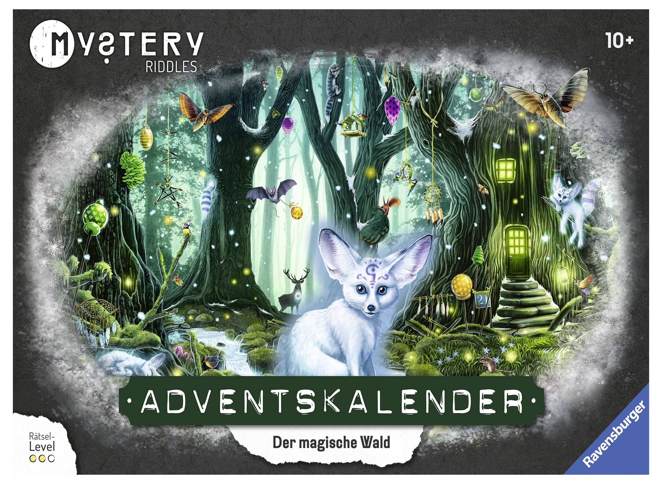 'Adventskalender: Der magische Wald' zeigt einen surrealen Wald mit leuchtenden Tieren, mystischen Kreaturen und märchenhaften Details.