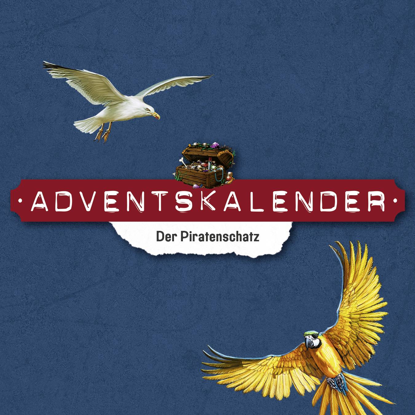 Adventskalender mit Titel 'Der Piratenschatz', zeigt eine Möwe oben und einen Papagei unten auf blauem Hintergrund.