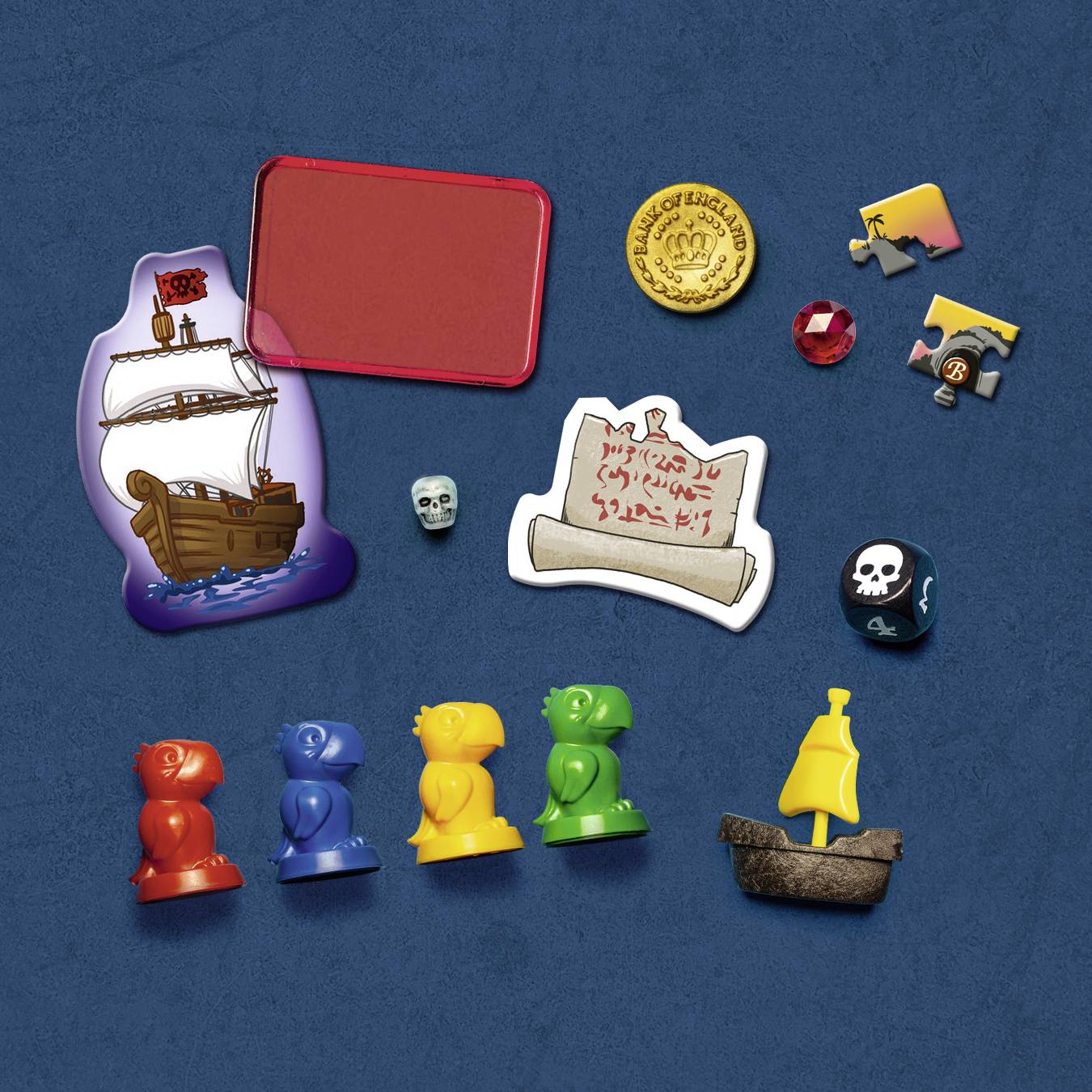 Das Bild zeigt verschiedene bunte Spielfiguren, einen gelben Holzschiff, Plättchen und Münzen auf blauem Hintergrund.
