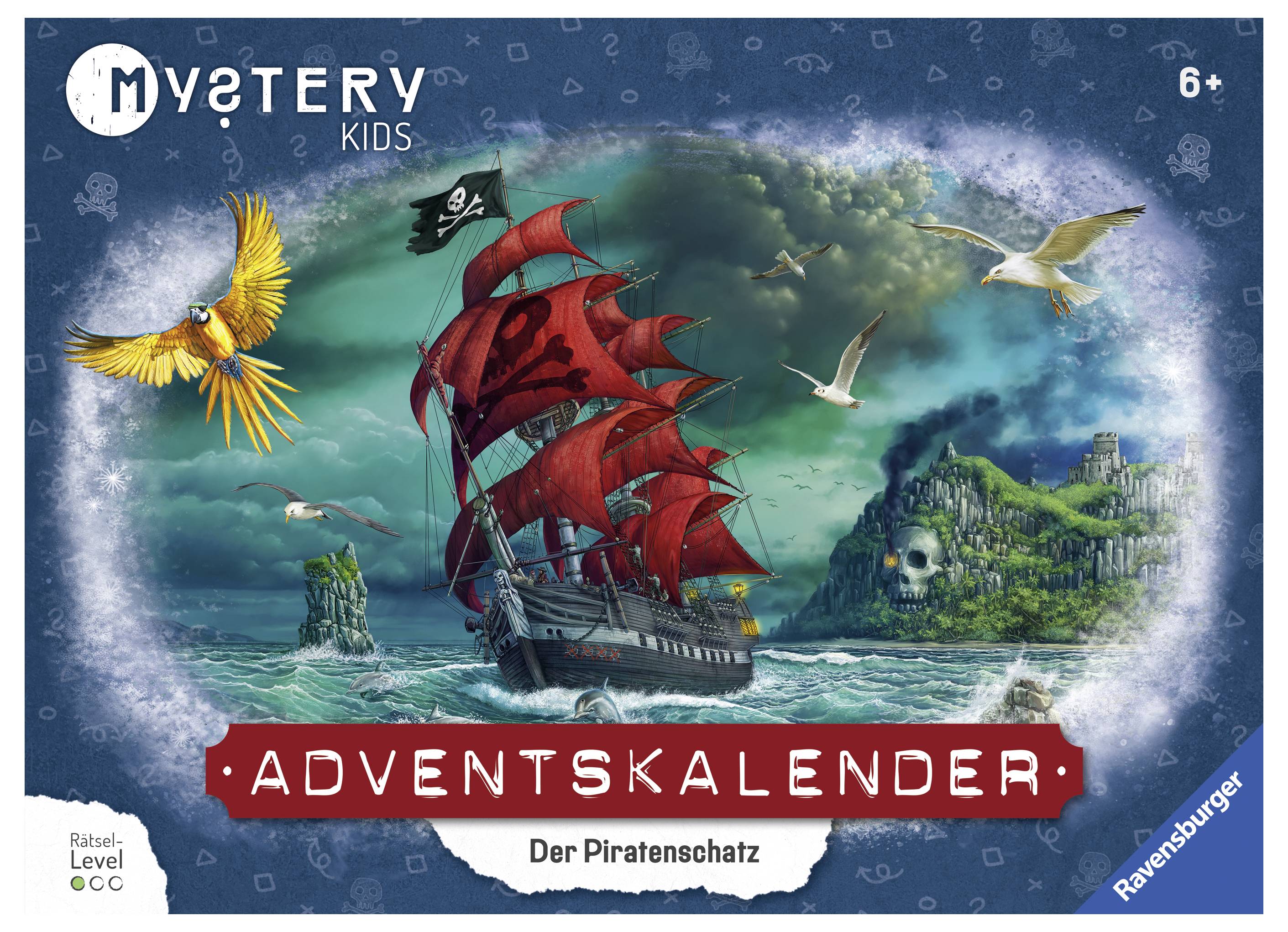 Ein Adventskalender mit Piratenschiff und tropischen Tieren auf dem Cover. Titel: 'Der Piratenschatz'. Altersangabe 6+.