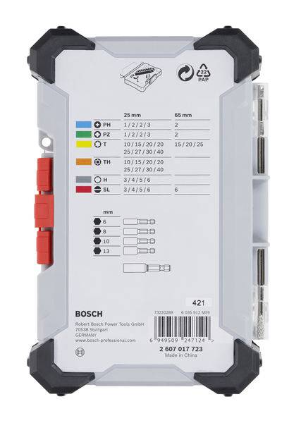 Eine weiße Bosch-Verpackung mit roten und schwarzen Akzenten. Diagramme zeigen verschiedene Bohrertypen und Größenangaben in Millimetern.