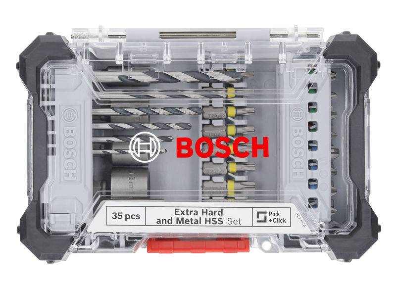 'Bosch 35-teiliges Set aus extra hartem und metallischem HSS-Bohr- und Schraubendriverset' in transparenter Kunststoffbox.