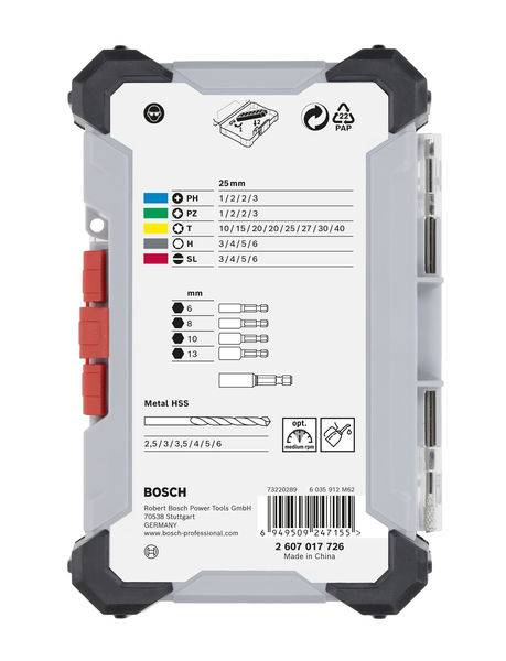 Bohrer-Set-Verpackung mit Symbolen für verschiedene Bohrertypen, Größen, Farbcodes und weitere technische Details. Marke 'Bosch'.