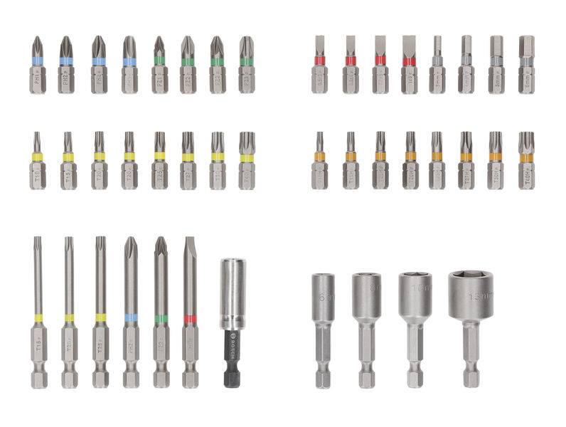 Verschiedene Schraubenzieher-Bits und Adapter sind in geordneten Reihen dargestellt, jede Reihe mit einer anderen Art von Spitze.