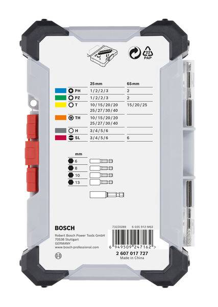 Ein Set von Bohrerbits in verschiedenen Größen und Farben markiert, um Typen wie PH, PZ und TX zu unterscheiden. Enthält Größenangaben.