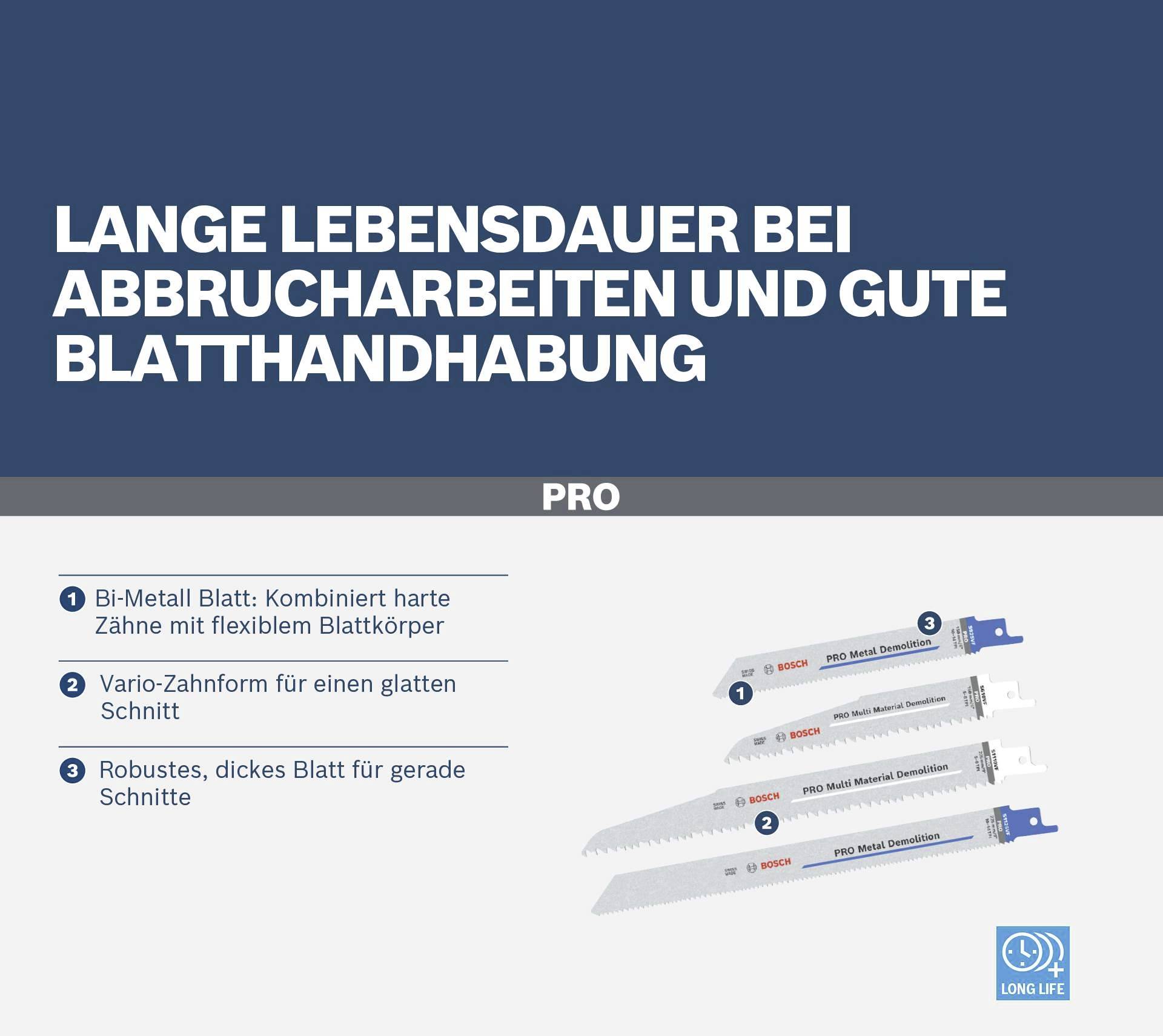 'Lange Lebensdauer bei Abbrucharbeiten und gute Blatthandhabung. Bi-Metall Blatt, Vario-Zahnform, robustes Blatt für gerade Schnitte.'