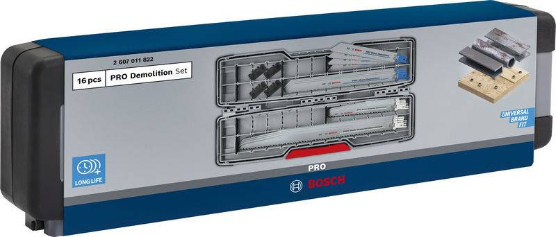 Schachtel für ein Bosch PRO Demolition Set mit 16 Sägeblättern; geeignet für Beton und Stahl. Enthält zwei Etagen mit Blättern.
