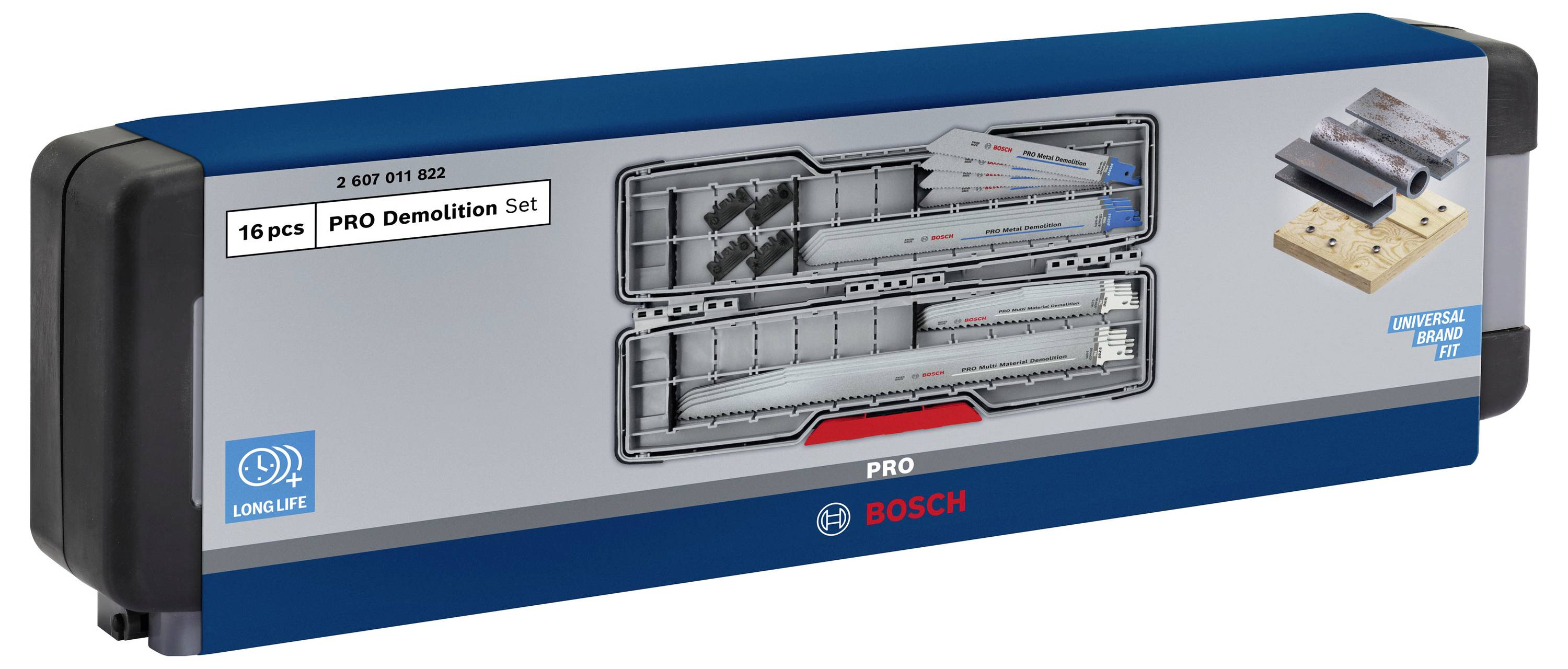 'Bosch PRO Demolition Set, 16-tlg.' Verpackung mit Sägeblättern für Holz und Metall, visuell durch Texte und Bilder dargestellt.