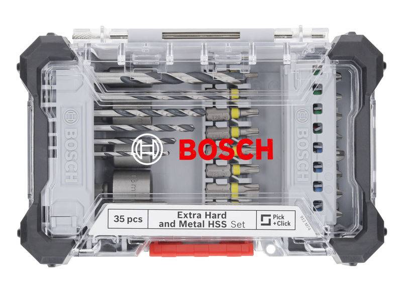 'Bosch Bohrerset mit 35 Teilen, extra hart und Metall HSS, im transparenten Kunststoffgehäuse, sichtbare unterschiedliche Bohrergrößen.'