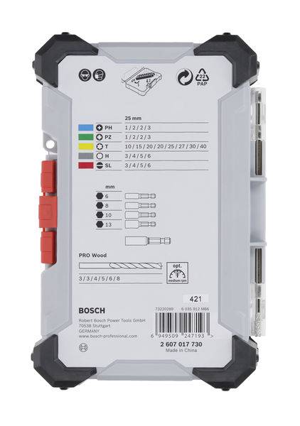 Ein Kasten mit Bosch-Logo enthält drei rote Buchsen und Diagramme. Text darauf beschreibt Kompatibilitätsdetails und Herstellerinformationen.