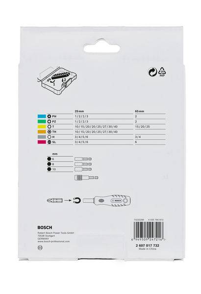 Rückseite einer Verpackung mit technischen Daten und Abbildungen der enthaltenen Schraubendreher-Bits von Bosch, in verschiedenen Größen.