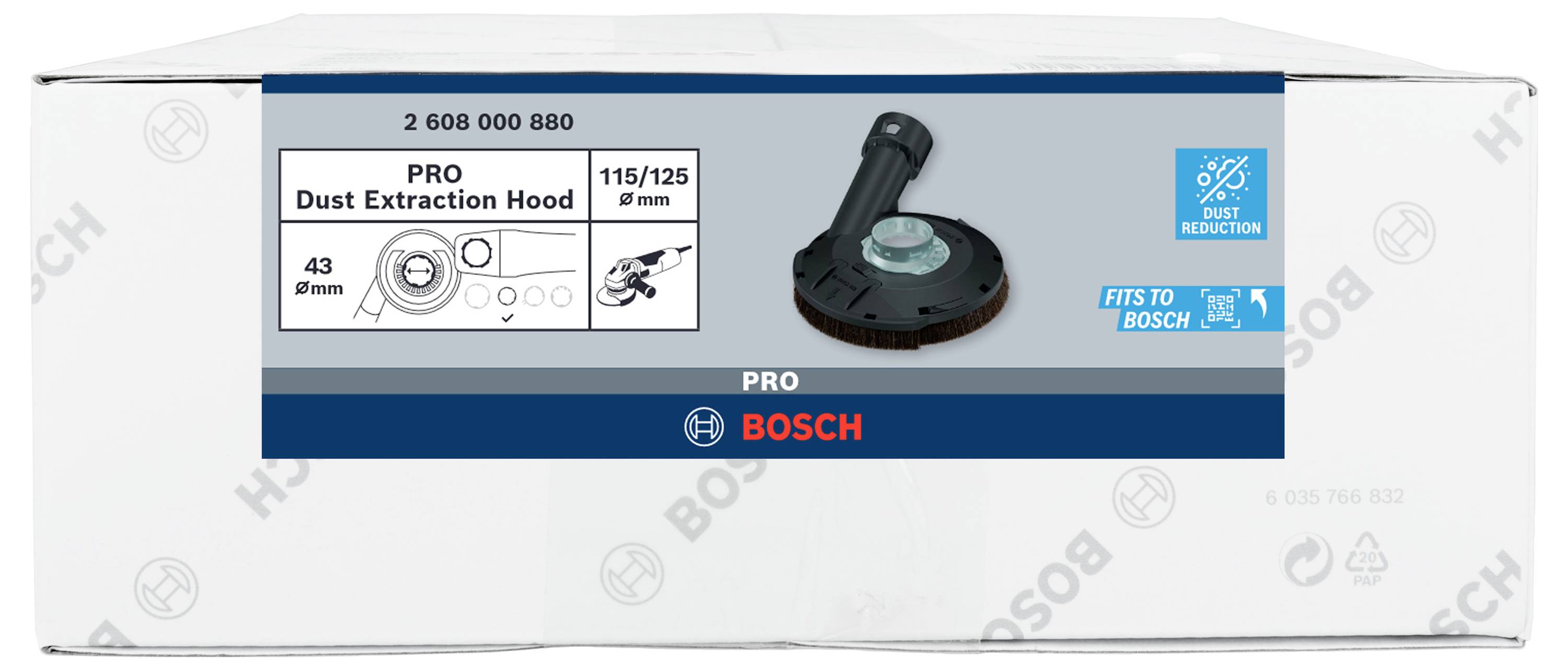 'Bosch PRO Staubabsaughaube für 115/125 mm Winkelschleifer, reduzierter Staubaustritt. Passt zu Bosch.'