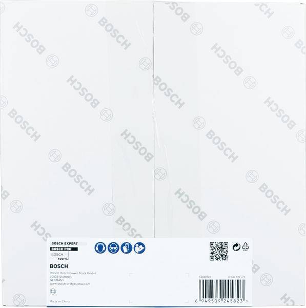 Weiße Verpackung mit Bosch-Logo und aufgedrucktem QR-Code. Enthält Informationen zu Bosch Expert Spaco 150x75H, Herkunft: China.