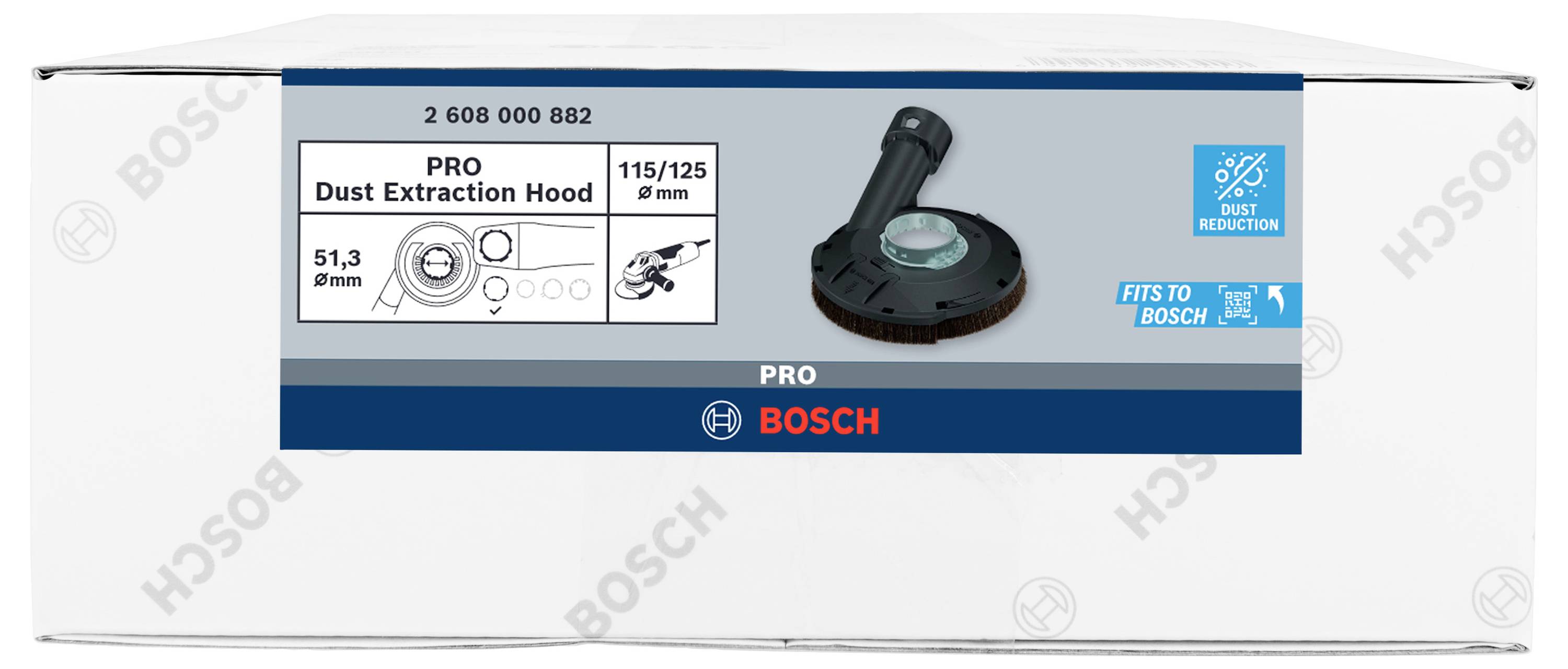 Verpackung einer Bosch PRO Staubabsaughaube, Modell 115/125 x 8 mm. Enthält Produktabbildung und technische Details.
