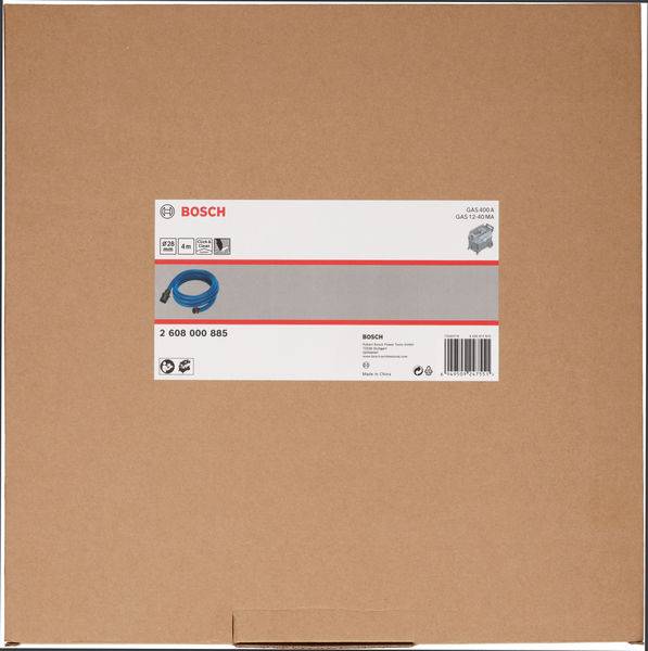 'Bosch' Verpackung mit Produktaufkleber. Enthält '2 608 000 885' Artikelnummer und Bild eines blauen Schlauchs.