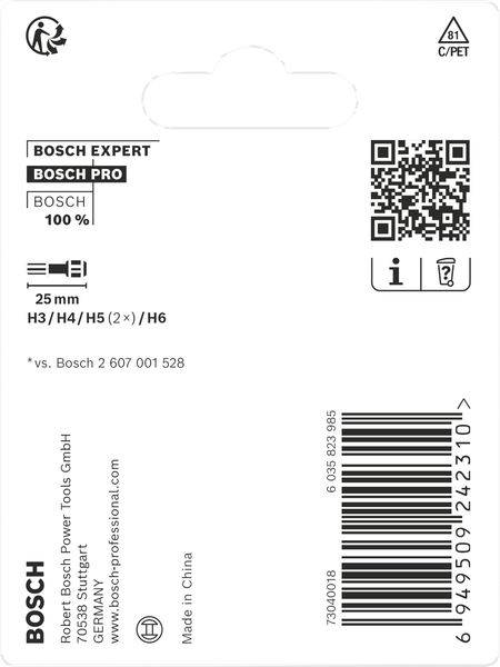 'Bosch Expert Bosch Pro' Produktverpackungsetikett mit Barcode, QR-Code und Produktspezifikation: 25mm H3/H4/H5 (2x)/H6. Hergestellt in China.