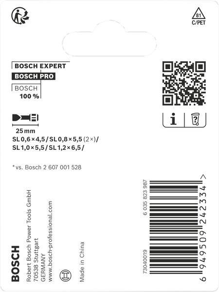 Verpackungsrückseite von Bohrer-Set 'Bosch Expert Bosch Pro', enthält Maße: SL 0,6 x 4,5, SL 0,8 x 5,5, QR-Code, Herstellerinformation.