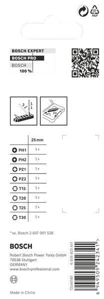'Bosch Expert' Bohrerpaket für Holz, 25 mm. Enthält PH1, PH2, PH3, PZ1, PZ2, T15, T20, T25, T30. Produziert von Bosch Power Tools in China.