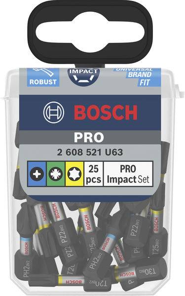 Behälter mit Bosch PRO Impact Schrauberbits, 25 Stück. Enthält verschiedene Bits für den robusten Einsatz.