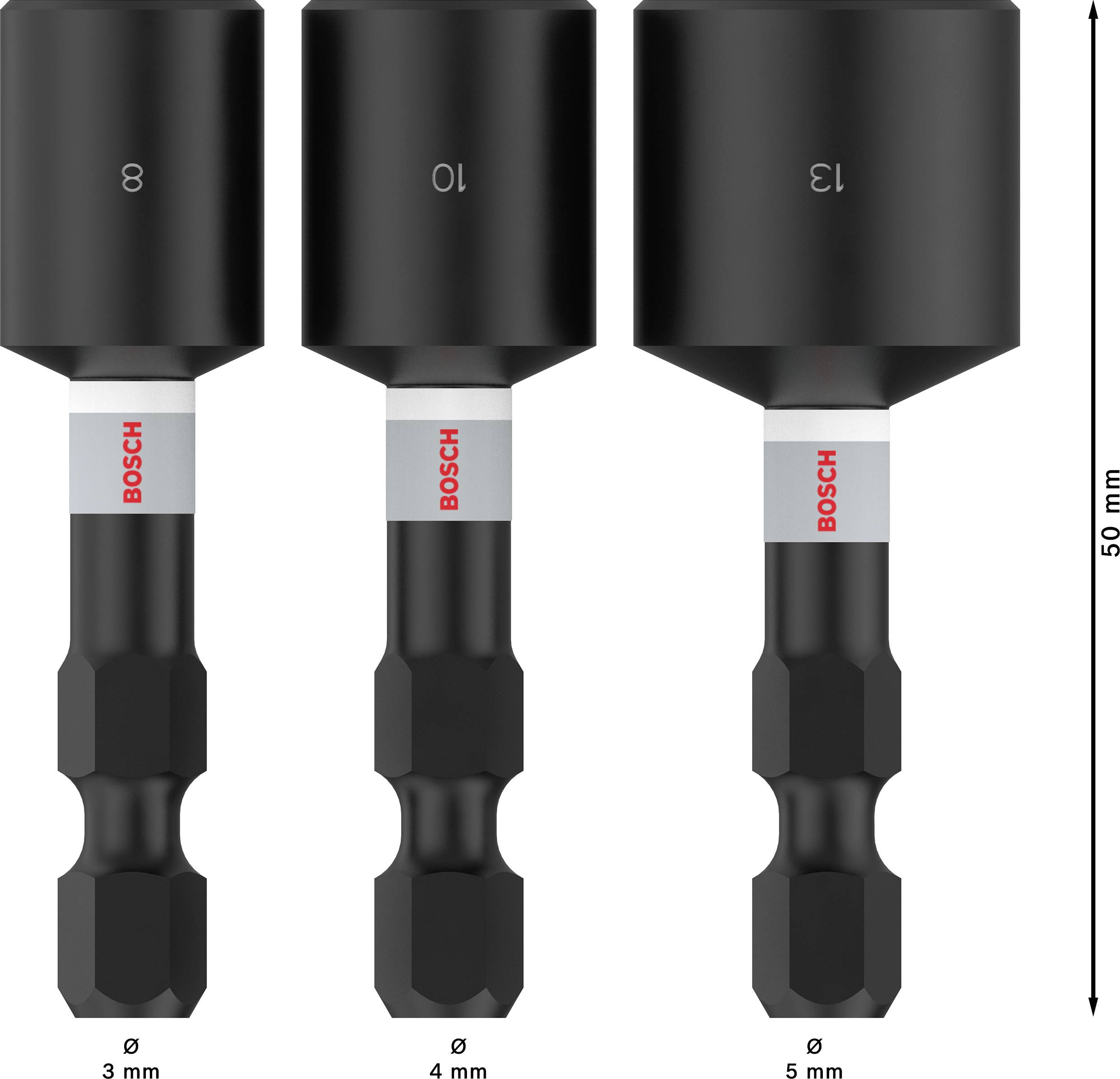 Drei schwarze Schrauberbits von Bosch, unterschiedlicher Durchmesser: 3 mm, 4 mm, 5 mm, Höhe 50 mm. Vorderansicht.