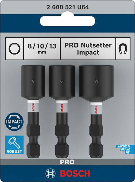 'Dreiteiliges PRO Nutsetter-Set von Bosch: Größen 8/10/13 mm, geeignet für Schlagschrauber, robuste und universelle Anwendung.'
