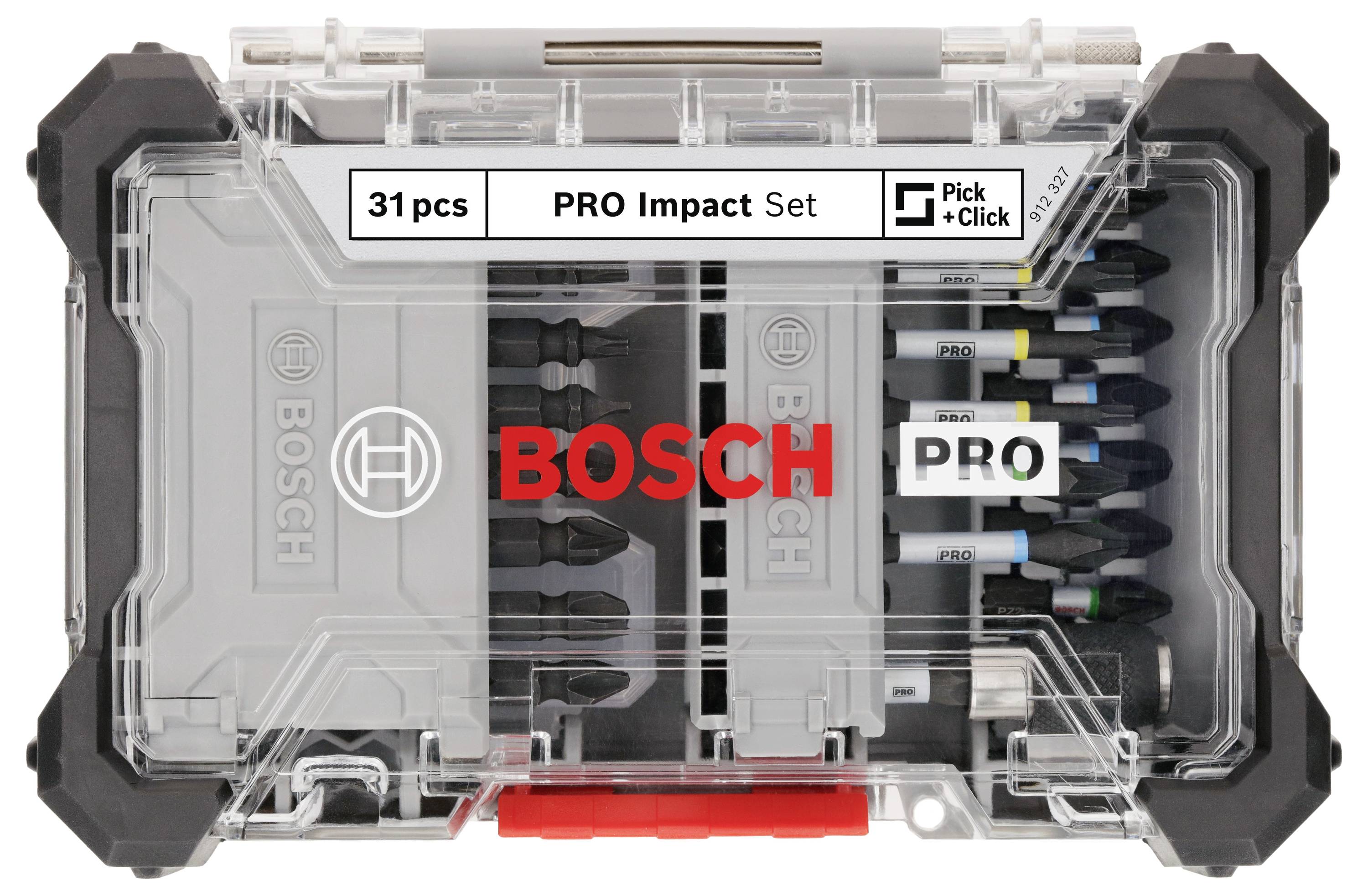 'Satz Bosch PRO Impact, 31 Teile' in einer transparenten Kunststoffbox mit verschiedenen Bits.
