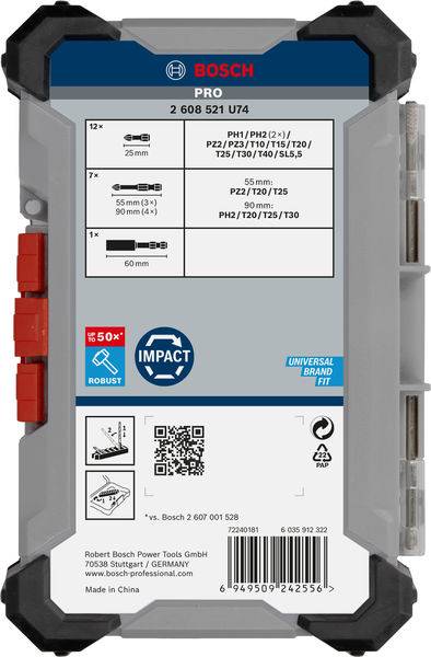 Verpackung von Bosch Pro Schrauberbits. Zeigt verschiedene Bits und Größen, geeignet für PH2, PZ2, T15, T20, T25, T30. Inklusive QR-Code.