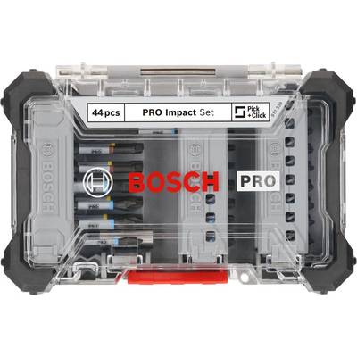 Ein Kunststoffkoffer mit transparentem Deckel, der ein 'Bosch PRO Impact' Set mit 44 Teilen für Schraubarbeiten enthält.