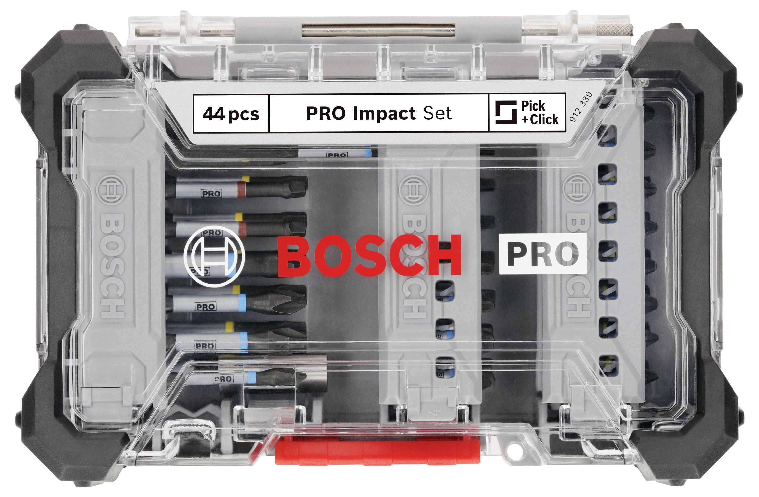 Ein transparenter Bosch-Werkzeugkoffer mit 44-teiligem PRO Impact Set, inklusive verschiedener Schraubendreherbits, in einer robusten Box.