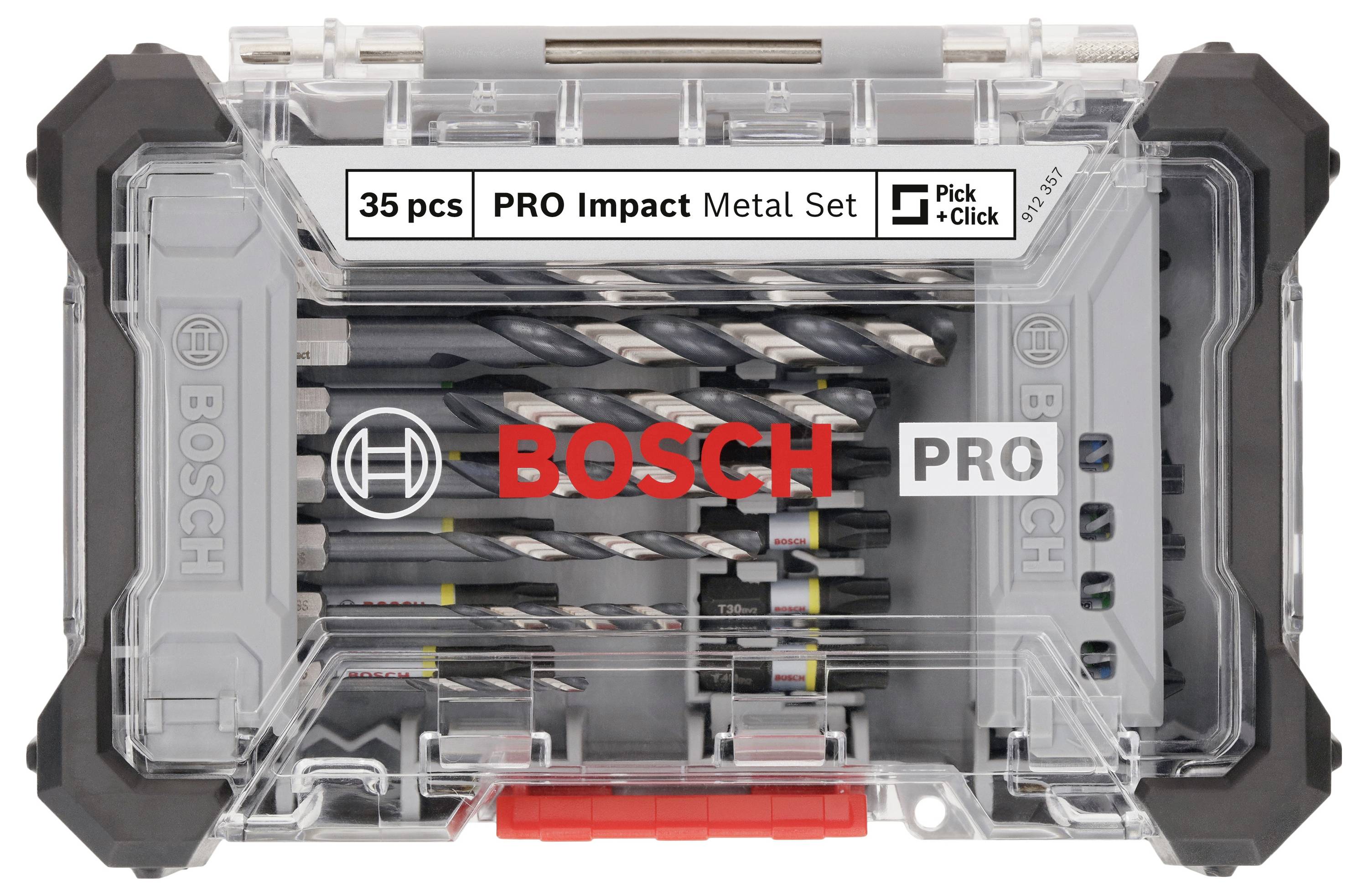 Bohrer-Set mit 35 Teilen in einer transparenten Box. Markierungen 'Bosch', 'PRO Impact Metal Set'. Enthält verschiedene Bohrergrößen.