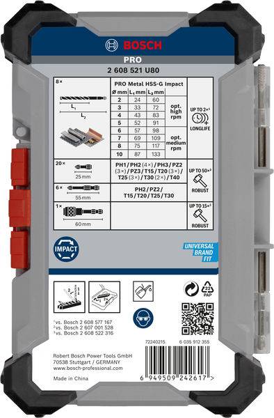 Verpackung für Bosch Pro Metal HSS-G Bohrer. Zeigt Spezifikationen und Größen von 8 Bohrern. Enthält Symbole für Langlebigkeit und Passgenauigkeit.