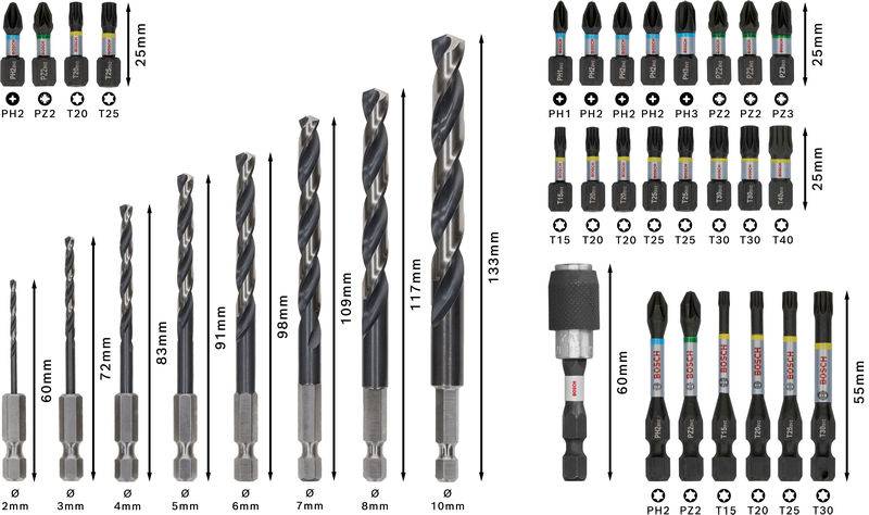 'Werkzeugset mit verschiedenen Bohrern und Bits. Größen von 3mm bis 26mm gekennzeichnet. Enthält Bit-Halter und mehrere Schraubendreher-Bits.'